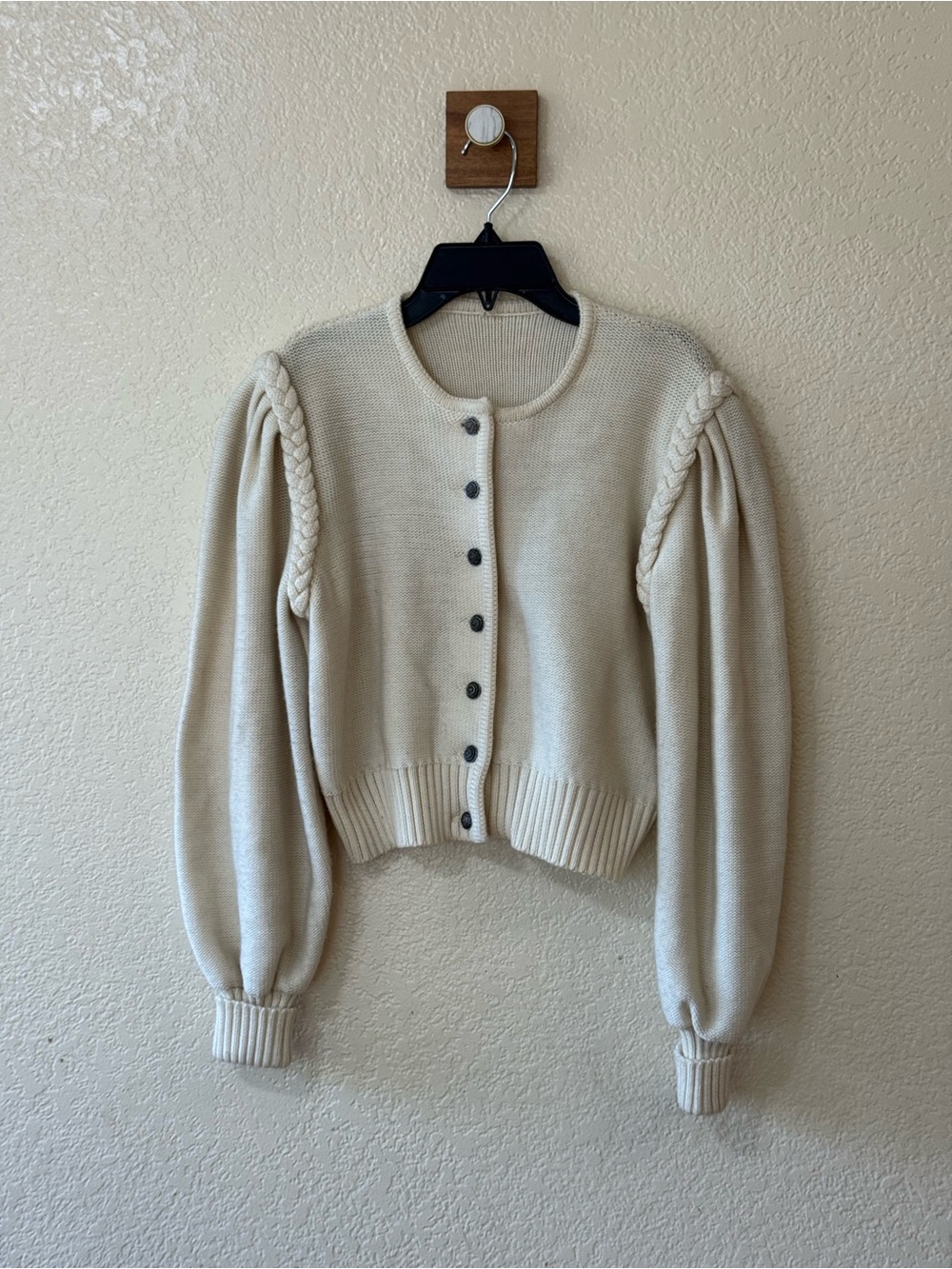 Vintage Bayer Trachten Style Cream Braided-Sleeve Cropped Cardigan Sweater FLAWS